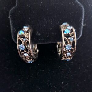 Givenchy Vintage Bronze Tone Blue Crystal Filigree Floral‎ Clip On Hoop Earrings